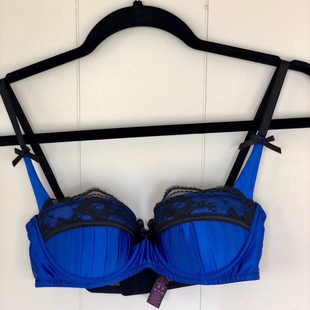 Blue and black lace bra